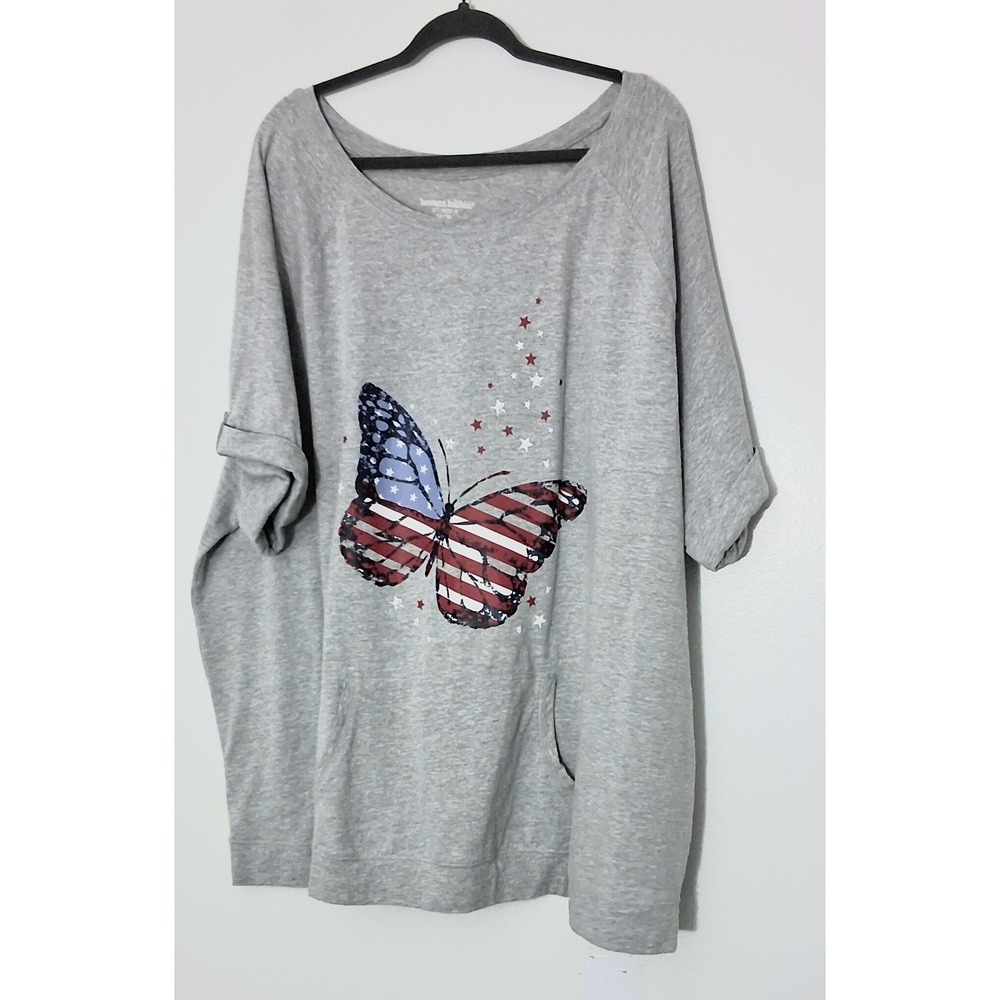 Woman Within Kangaroo Pocket Tee Size 34/36 Gray Butterfly American Flag Preowne